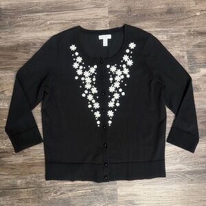 Charter Club Women’s Black Cardigan With Daisy Floral Appliqué 3/4 Sleeve Sz M